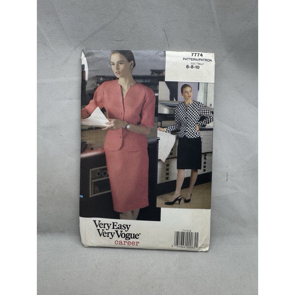 Vogue 7774 Sewing Pattern Crafts Sizes 6 8 10 Very Easy Career Top Skirt 1990
